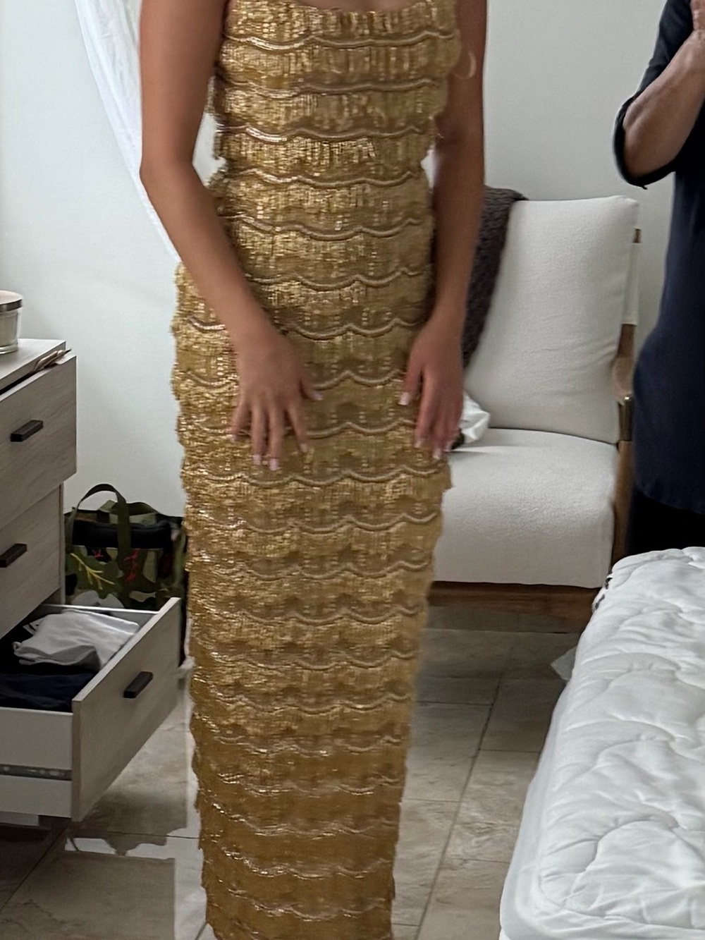 Rachel Gilbert Gold Sequin Tiered Scallop Wedding Dress